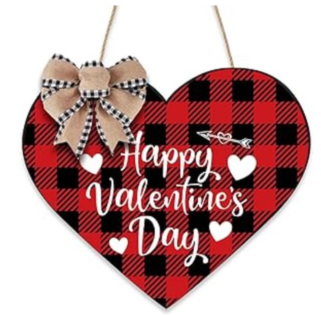 Valentine's Day Door Decorations - Buffalo Plaid Happy Valentine's Day Rustic Farmhouse Hanging Wooden Sign Valentine Door Wall Decorations